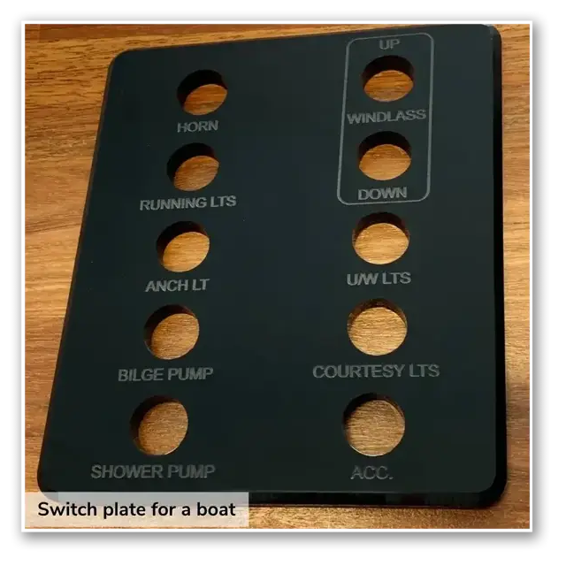 CNC routed boat switch plate with engraved labels