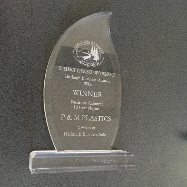 Laser-engraved acrylic trophy — Burleigh Business Awards