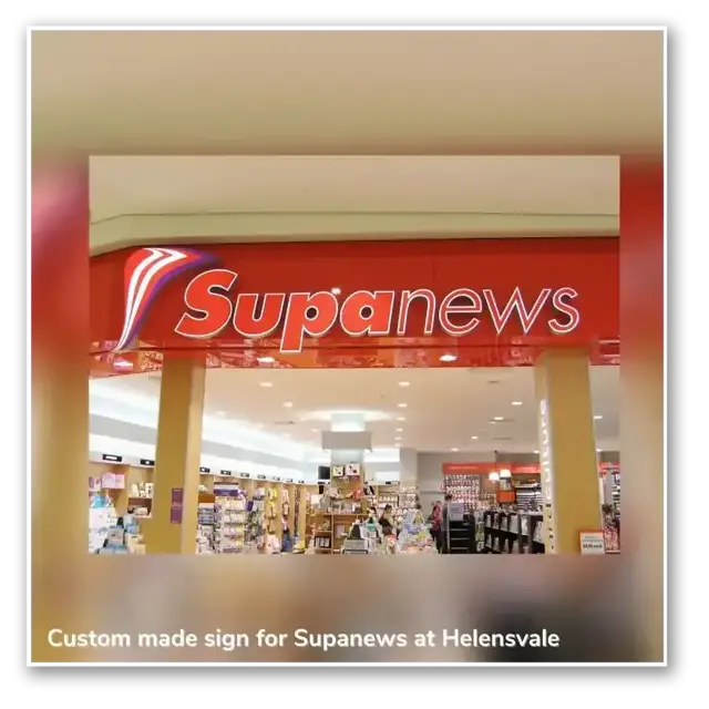 Custom CNC-routed Supanews storefront signage