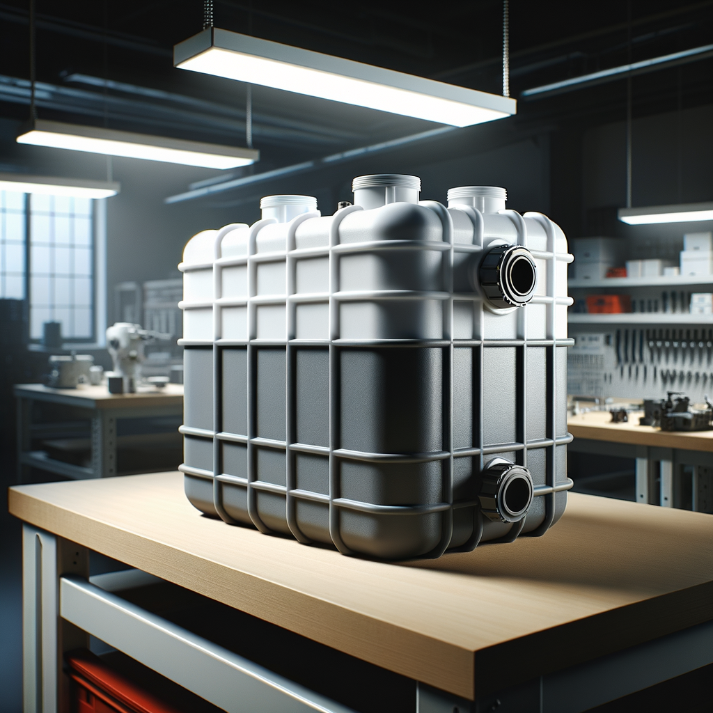 Grey HDPE boat water tank with threaded fittings — custom marine tank by P&M Plastics