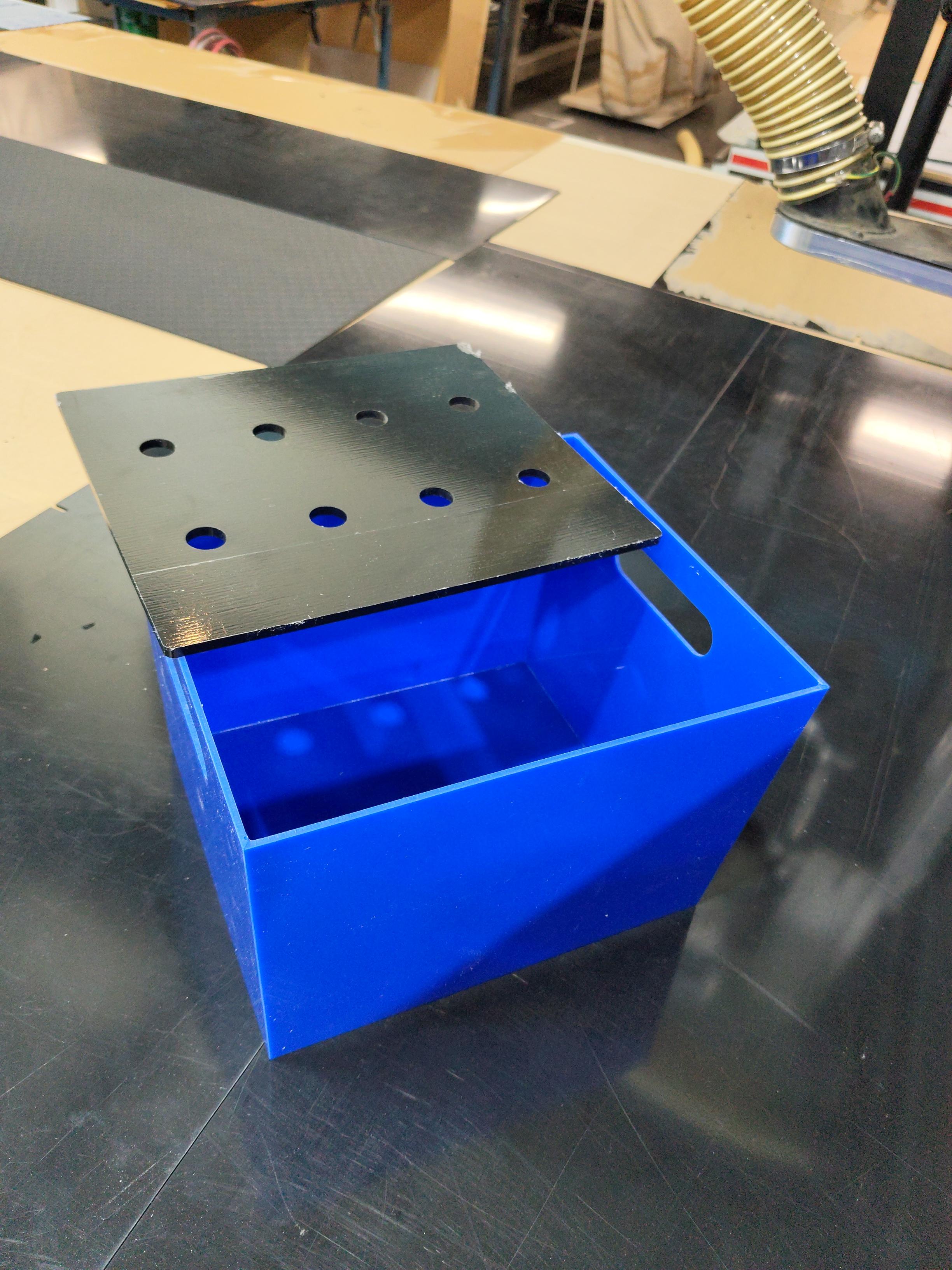 Blue acrylic battery box side profile showing custom dimensions